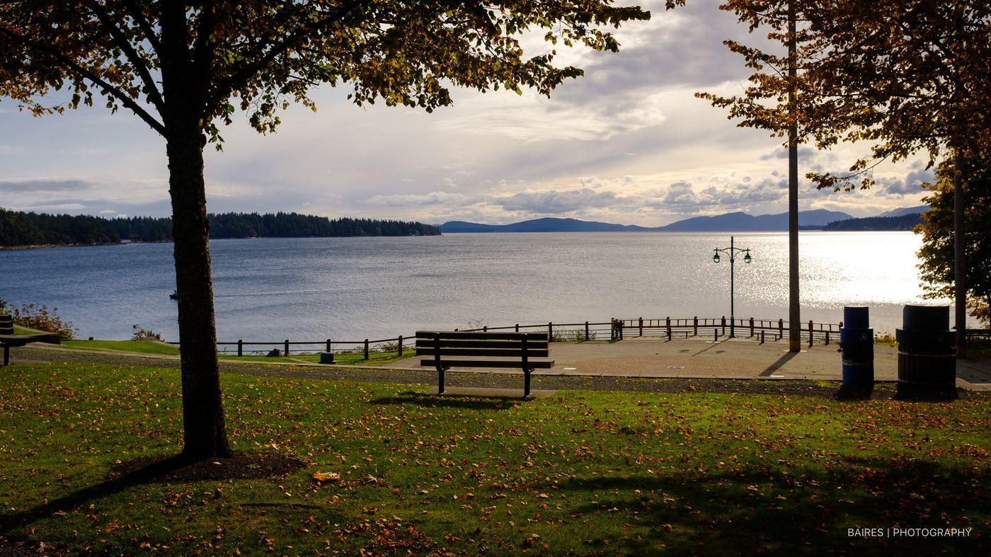 Transfer Beach Park in Ladysmith, looking out across the harbour at dusk